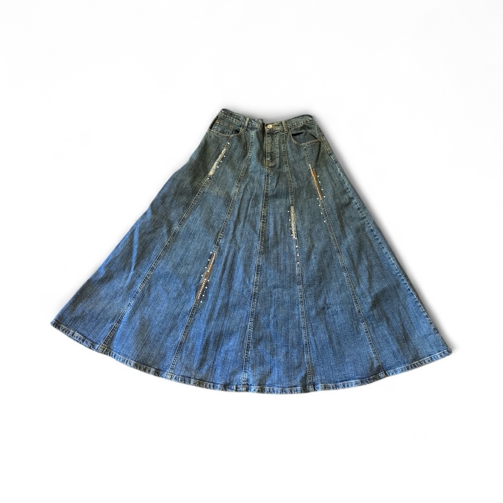 Y2K Quacker Factory Embellished Denim Maxi Skirt Rhinestone Details S/M